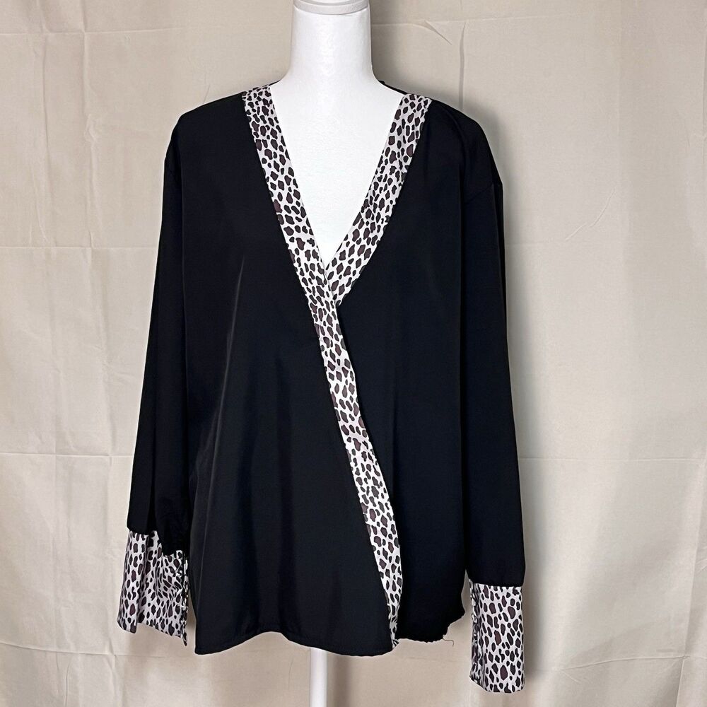 Malabay 3XL NWT Italian Black Leopard Trim Soft Silky LS Tunic Mob Made in Italy
